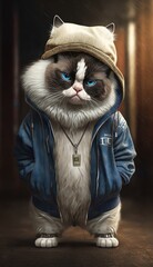 Photo Shoot of King of the Streets:A Majestic Ragdoll Animal Cat Rocked in Hip Hop Streetwear Fashion like Men, Women, and Kids (generative AI)