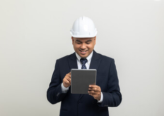 Businessman manager owner real estate working with digital tablet on isolated white background. Cooperation of architect designer. Engineer with safety helmet checking at working construction site
