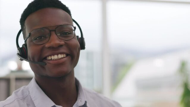 CRM, customer service or black man portrait with smile for success B2B deal, support or telemarketing in office. Happy, motivation or callcenter consultant for contact us, telecom or sales networking