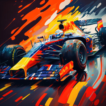 The blue, yellow, red F1 car rushes towards the finish line, its speed a reflection of the relentless pursuit of excellence. created with generative AI