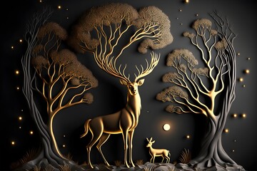 3d modern art mural wallpaper, night landscape with a dark black background with stars and moon, golden trees, deers, and gold waves.