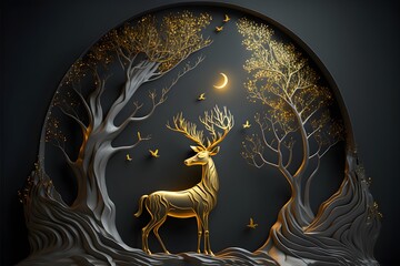 3d modern art mural wallpaper, night landscape with a dark black background with stars and moon, golden trees, deers, and gold waves.