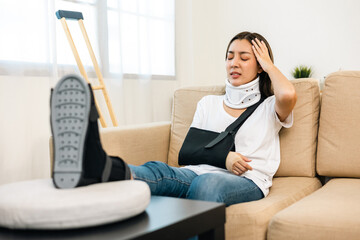 Woman suffered pain from accident fracture broken bone injury with leg splints in cast neck splints...