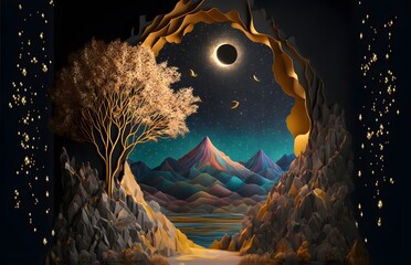 3d modern art mural wallpaper with night landscape with colorful mountains.