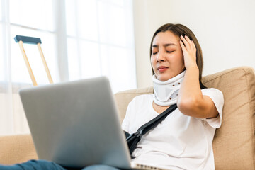 Recovery woman stressed from accident fracture broken bone injury with leg splints in cast neck...
