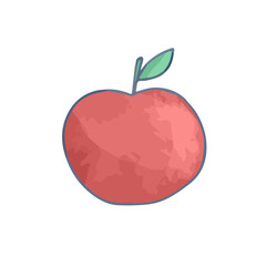Hand drawn cute isolated red apple with one leaf