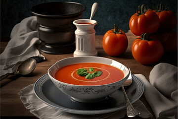 Warm and Cozy Tomato Soup in a Bowl on a very nice deco table. Ai generated.
