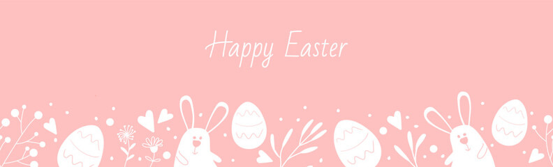 Happy Easter. A hand-painted holiday banner with a place for text. Traditional Easter symbols are a rabbit and eggs on a pink background. Horizontal poster, greeting card, website title.