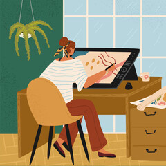Woman web designer artist works on tablet in room