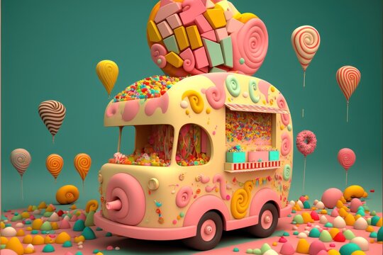 food truck candy shop, colorgul, 3D, generative by AI