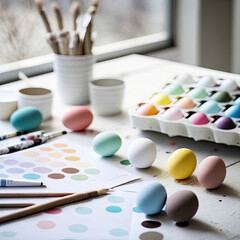 Obraz na płótnie Canvas Generative AI, Painting and decorating colorful Easter Eggs for holidays on inside kitchen table with paints brushes and tools 