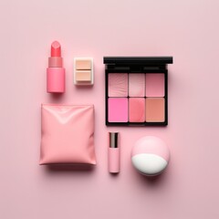 Obraz na płótnie Canvas simple pink makeup sets a pink flat Background, clean and minimalist generative ai