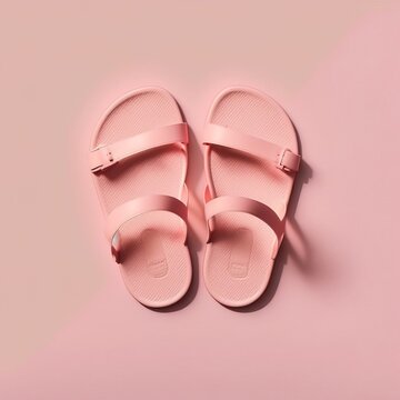 simple pink flipflops on a pink flat Background, clean and minimalist generative ai