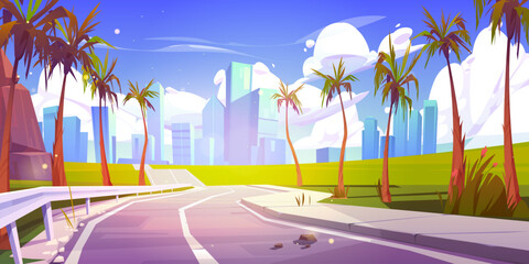 Summer tropical background with palm trees and empty asphalt road with fence. Perspective view landscape with rock and city buildings on skyline, sky with white clouds cartoon vector illustration