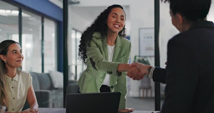 Handshake, acquisition and business people happy for investment, b2b contract deal or merger success. Client negotiation meeting, management hand shake and group smile for women partnership agreement
