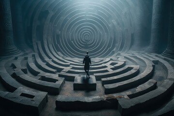 Concept fantasy illustration showing a man lost in a maze, colorful - generative ai