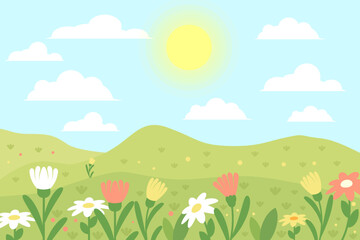 flat design spring landscape background illustration with flowers, sun, and cloud