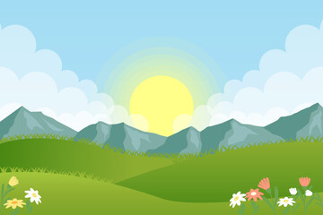 gradient spring landscape with flowers and mountain background