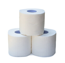 three rolls of white tissue paper or napkin in stack prepared for use in toilet or restroom isolated on white background with clipping path and shadow in png file format