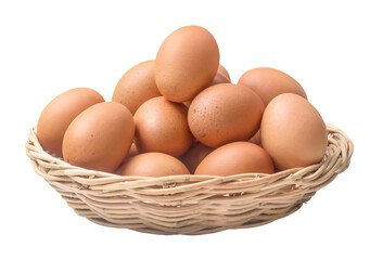 Fresh chicken eggs in woven bamboo basket isolated on white background with clipping path, Close up with full focus