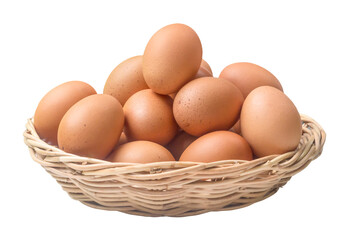 Fresh chicken eggs in woven bamboo basket isolated on white background with clipping path in png file format, Close up with full focus