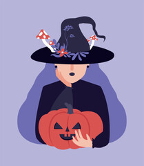 Cute witch in hat with long hair holding evil pumpkin. Halloween vector isolated illustration in flat style for party invitation, card, sticker, merch. Mystical clipart.