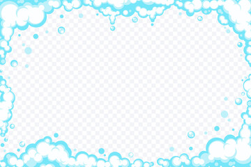 Fototapeta na wymiar Soapy foam with bubbles. Frame of cartoon shampoo and shaving mousse foam suds. Clouds border. Vector illustration