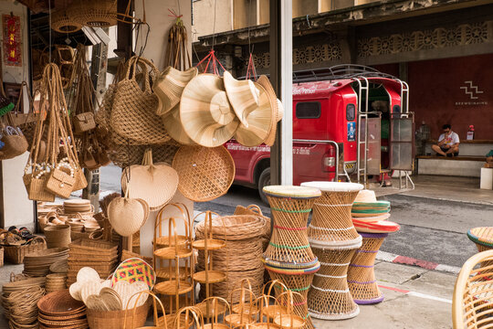 Wicker shop located on street road Thailand,local art and craft.