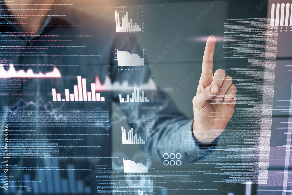 Poster Man, night and overlay for data analytics by chart, graph and tech innovation for planning in office. Information technology expert, 3d holographic or hand for web design, focus or fintech for budget