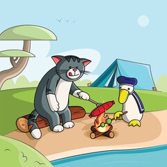 Cat with goose. Picnic. June