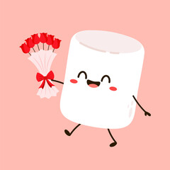 Marshmallow cartoon. marshmallow character design. Marshmallow in valentine's day. Rose flower in Valantine's day.