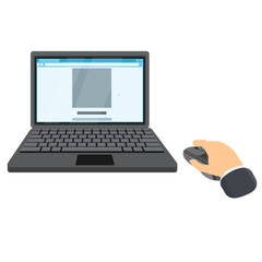 Work on a laptop. Using a computer mouse to view a website on the Internet, vector illustration