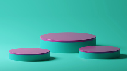 3D rendering turquoise purple colour minimal cylinder pedestal podium product showcase display on empty background. 3D mockup illustration