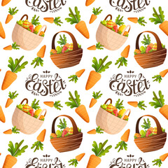 Seamless pattern with Easter basket, colored eggs, carrot and Happy Easter lettering. Perfect for product design, wallpaper, scrapbooking, textile, wrapping paper.