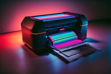 Futuristic printer printing digital paper, studio background, neon lighting