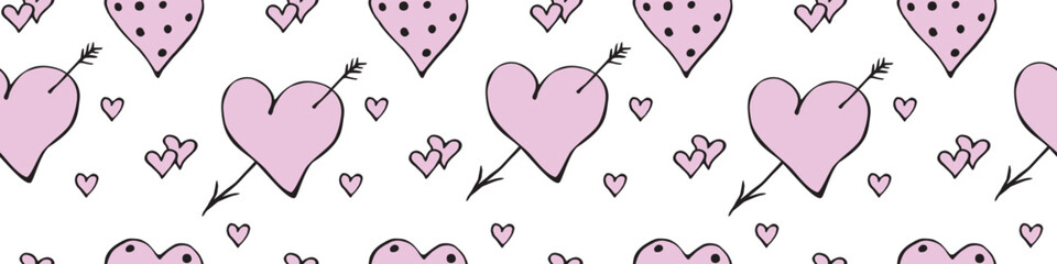 Vector seamless pattern of different pink hearts with arrow, points, double. Hand drawn texture, background for wrapping paper, greeting card, Valentine's day, wedding, declaration of love