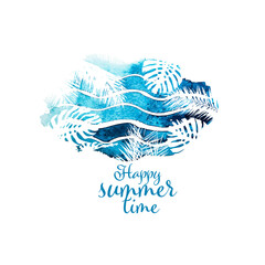 Fototapeta na wymiar Abstract sea watercolor and palm leaf. Happy summer time. Vector illustration
