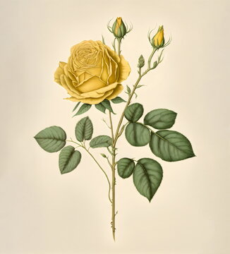 Vintage botanical illustration of a yellow rose stem created with generative ai