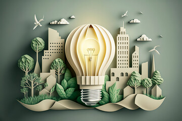 Paper cut of light bulb with green eco city , Renewable energy by 2050 Carbon neutral energy or greenhouse gas emission CO2 , Save energy creative idea concept , Generative Ai - obrazy, fototapety, plakaty