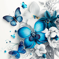 wallpaper with blue and white orchids and butterflies on a white background