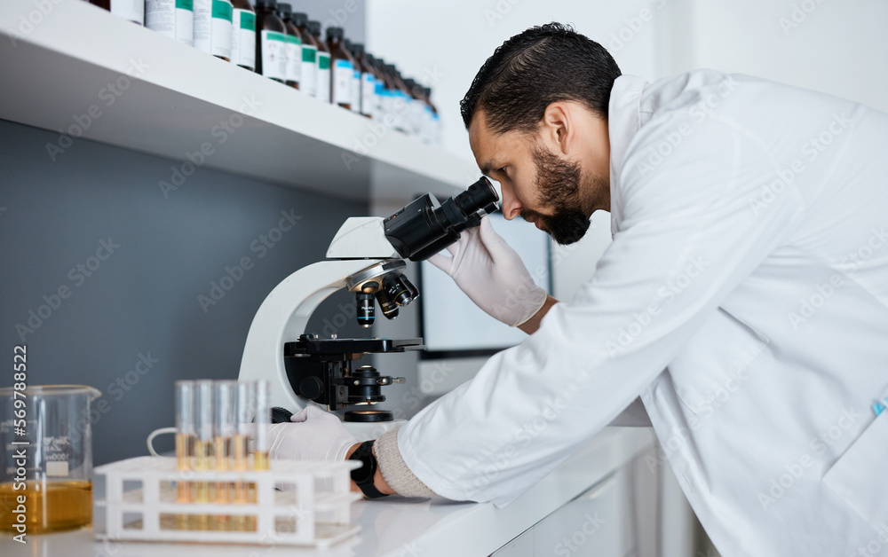 Poster Science, microscope and innovation with a doctor man at work in a laboratory for research or development. Medical, analytics and biotechnology with a male scientist working in a lab for breakthrough