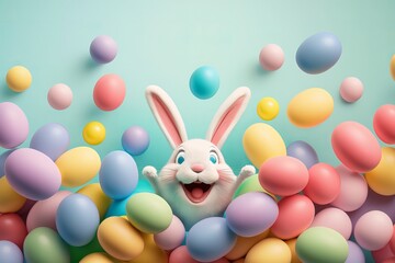 Happy Easter Bunny with Colorful Easter Eggs, Concept of Easter Eggs Hunt. Created with Generative Ai