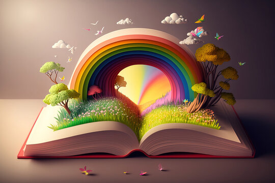 rainbow color style book, fantasy art, jungle land and tree on book, AI generated