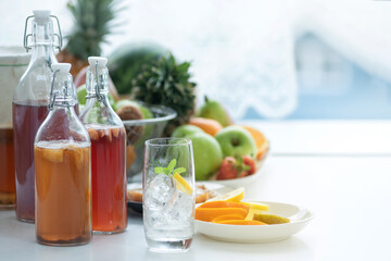 Homemade fermented raw kombucha tea, Kombucha drinks in variety of flavors in bottles, healthy natural probiotic drink