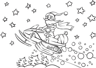 Coloring Book Santa Claus riding on snowmobile - PNG image with transparent background