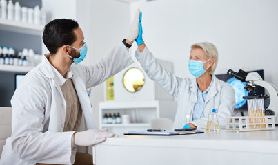 Science, man and woman with high five, mask and breakthrough with positive results, test and cure...