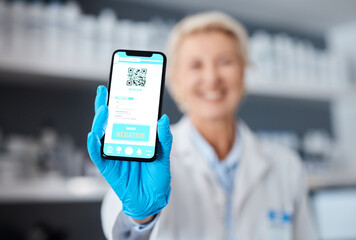 Phone, screen and doctor woman with QR code for drugs test results, compliance and safety in...