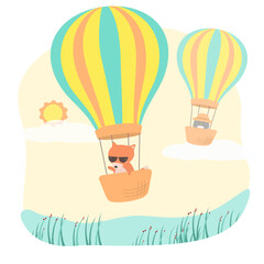 Obraz premium Fox and penguin in Balloon basket on the sky cartoon vector