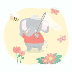 Elephant chases catch butterfly in flower garden with a net