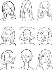 whiteboard drawing beautiful women cartoon faces set - PNG image with transparent background